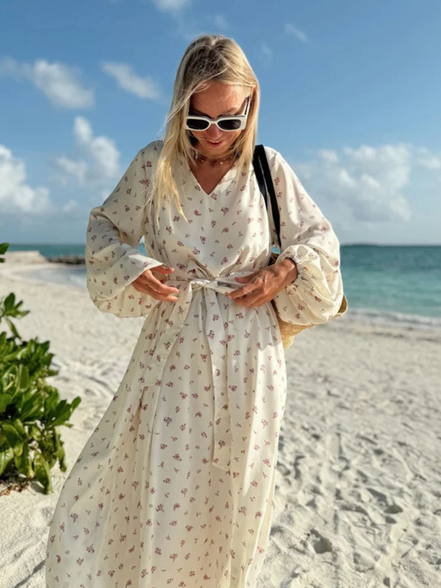 Wolfeel  Summer Women Printed Chiffon  V-neck Dress Sweet Casual Loose Beach Lace Up Long Skirts Fashionable Office Lady Dress