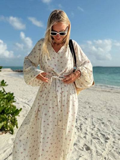 Wolfeel  Summer Women Printed Chiffon  V-neck Dress Sweet Casual Loose Beach Lace Up Long Skirts Fashionable Office Lady Dress