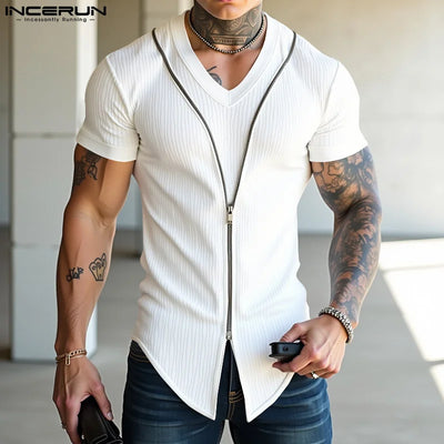 Short Sleeve Tops Tee Fashion Zipper Men T-Shirts Solid Color Irregular Tops V Neck Sexy Party Streetwear Oversize Tee INCERUN