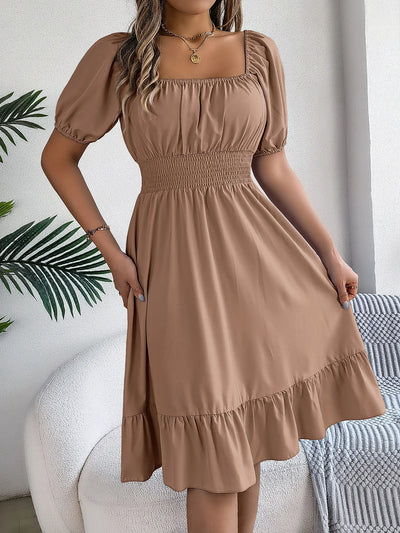 Women's MIidi Dresses 2024 Summer Casual Square Neck Short Sleeved Waist Ruffle Edge Dress Dress Women Elegant Платья Женские