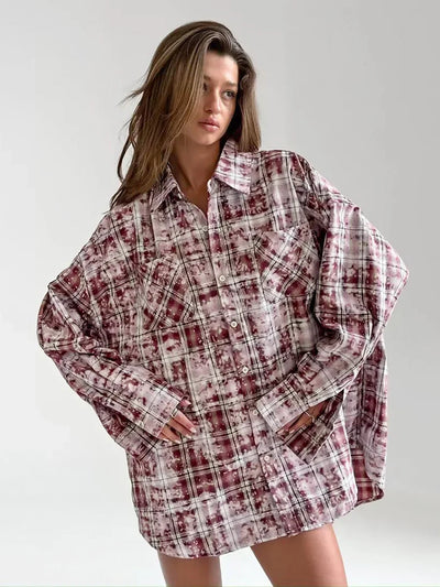 Wolfeel  Spring  Autumn New Personalized Street Retro Vintage Plaid Shirt Women's Loose Outer Long Sleeved Women Loose Shirt