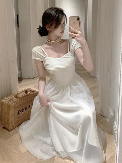 Midi Dress Women Pure Princess Summer Aesthetic Defined Elegant Ladies Gentle Spliced Chic Mesh Partywear French Style Vestidos