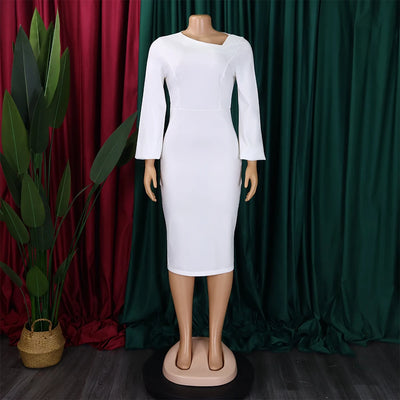 Elegant Office Dress for Women Professional Skew Collar Full Sleeve Sheath Package Hips Mid Calf Formal Business Work Wear Dress