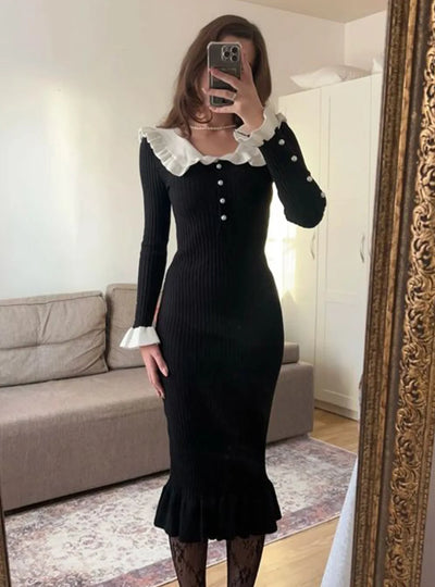 Elegant Party Dresses Woman Mid Length Ruffle Edge Dress with Contrasting Colors Knitted Dress 2024 Autumn Ladies French Dress