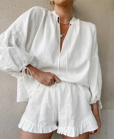 2024 Casual Beach Suits Fashion Summer Cotton Linen Loose Ruffle Shorts Suits Women Long Sleeve Drawstring Pullover 2 Pieces Set