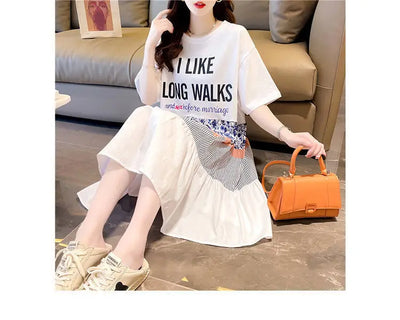 Casual Short Sleeve Letter Dresses Female Clothing Summer Loose A-Line Fashion Printed Patchwork Korean Round Neck Midi Dress