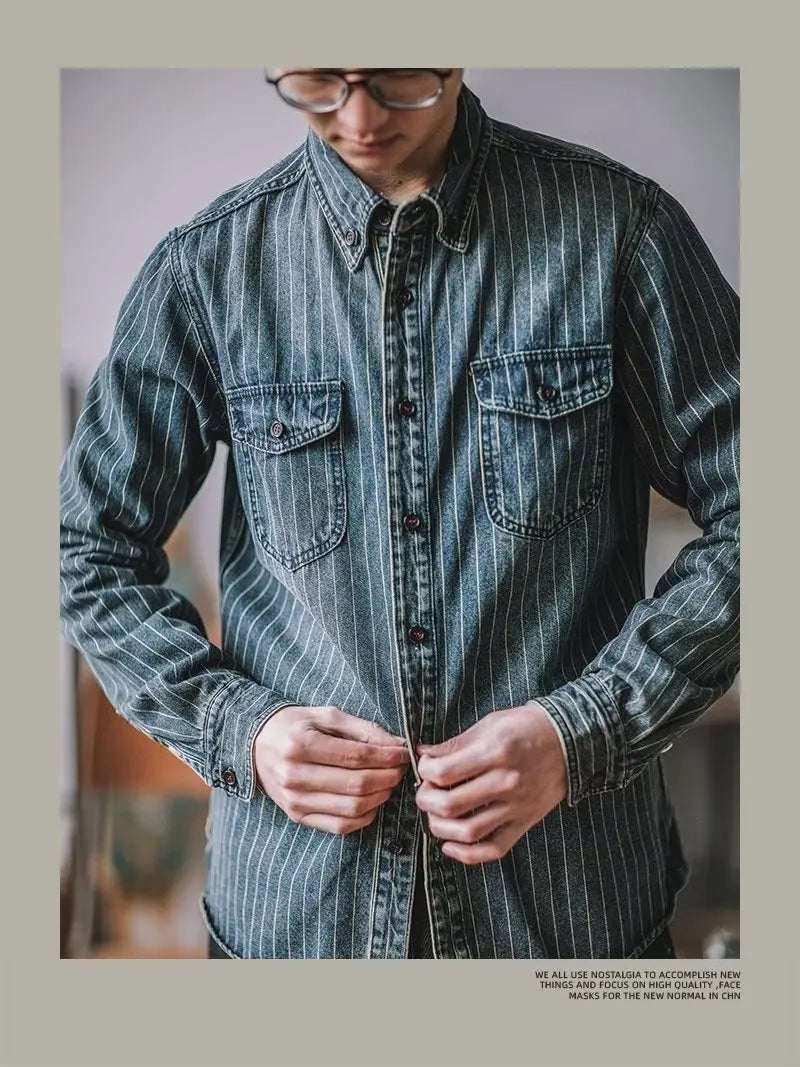Men's Shirts Long Sleeves Recommend New Sand Washing for Old Retro Trendy Men Thicken Yarn-dyed Striped Shirts for Men