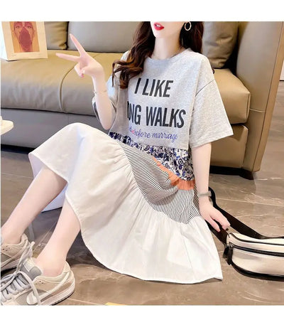 Casual Short Sleeve Letter Dresses Female Clothing Summer Loose A-Line Fashion Printed Patchwork Korean Round Neck Midi Dress