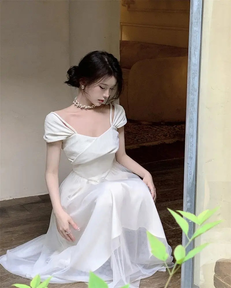 Midi Dress Women Pure Princess Summer Aesthetic Defined Elegant Ladies Gentle Spliced Chic Mesh Partywear French Style Vestidos