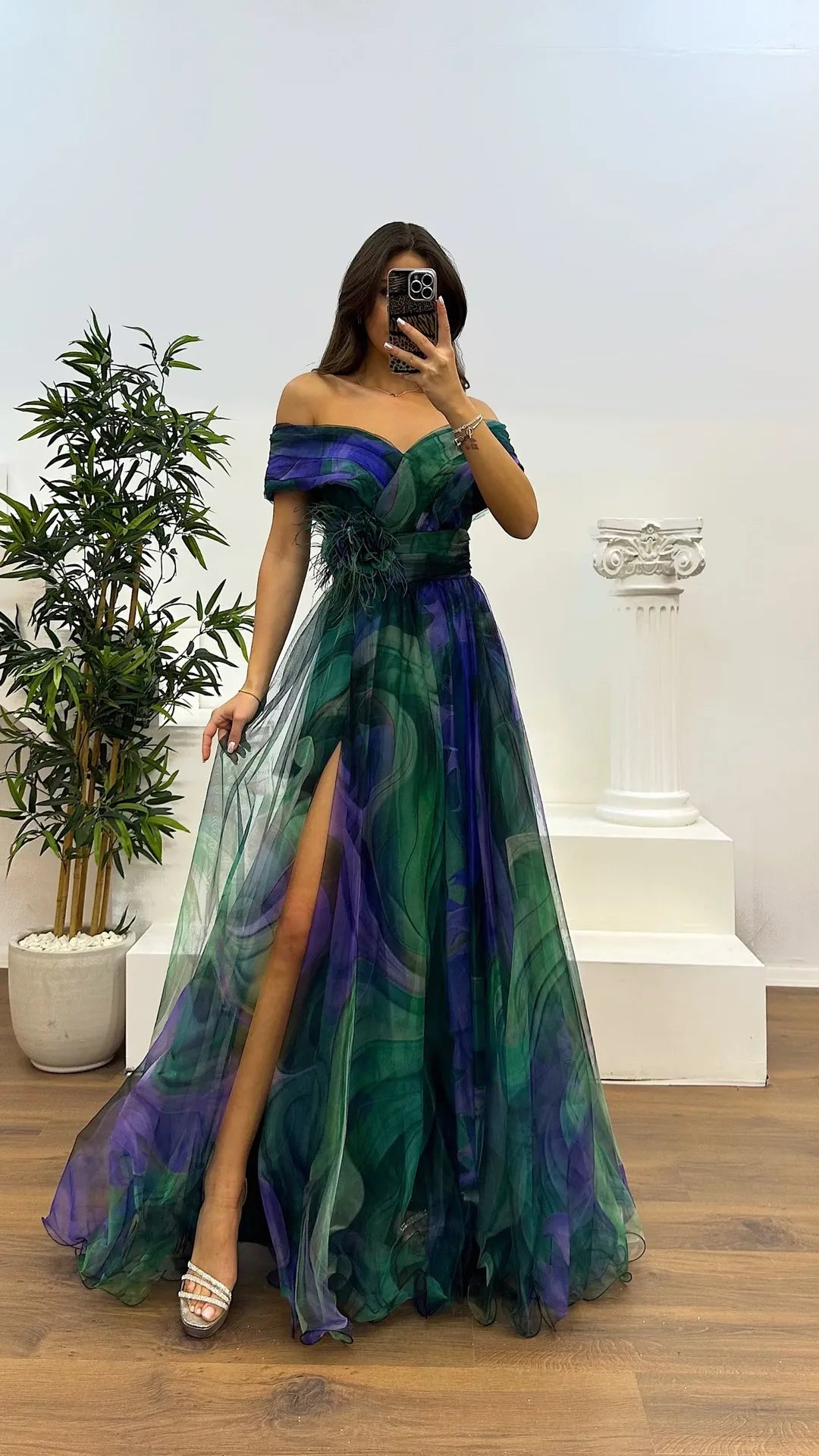Elegant Formal Party Dress Elegant  Tie-dye Ball Gown with Mesh Bubble Sleeves Split Hem Women's Evening Dress