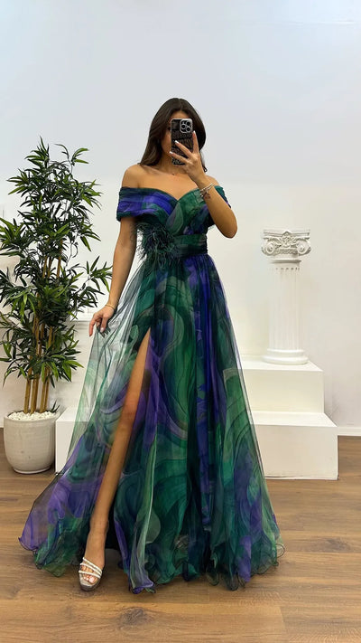 Elegant Formal Party Dress Elegant  Tie-dye Ball Gown with Mesh Bubble Sleeves Split Hem Women's Evening Dress