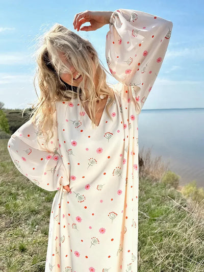 Wolfeel  Summer Women Printed Chiffon  V-neck Dress Sweet Casual Loose Beach Lace Up Long Skirts Fashionable Office Lady Dress