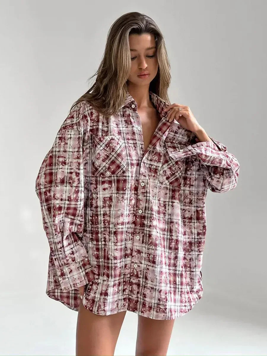 Wolfeel  Spring  Autumn New Personalized Street Retro Vintage Plaid Shirt Women's Loose Outer Long Sleeved Women Loose Shirt
