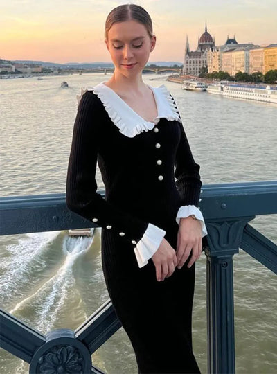 Elegant Party Dresses Woman Mid Length Ruffle Edge Dress with Contrasting Colors Knitted Dress 2024 Autumn Ladies French Dress