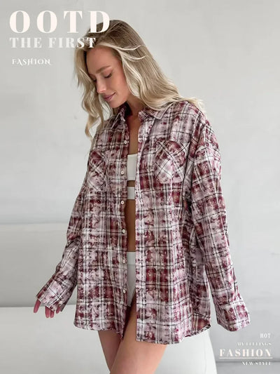 Wolfeel  Spring  Autumn New Personalized Street Retro Vintage Plaid Shirt Women's Loose Outer Long Sleeved Women Loose Shirt