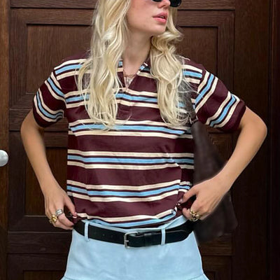 Casual Striped Polo T-Shirt for Women Long Sleeve Lapel Neck Half Button-up Aesthetic Pullover 2025 New Tops