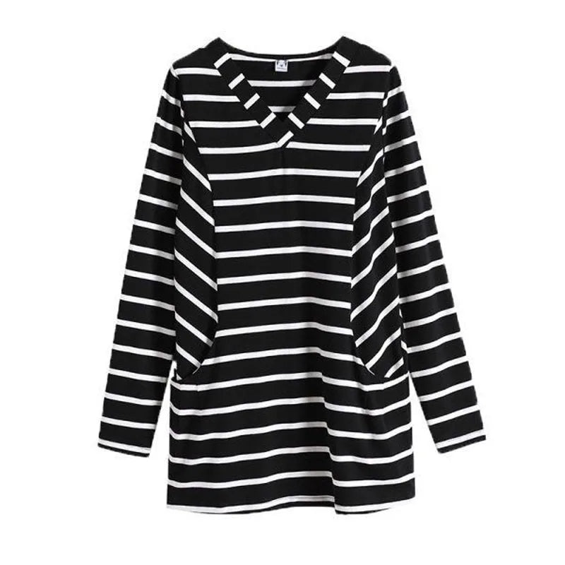Women's V-Neck Casual All-match Midi Striped Tops Fashion Elegant Long Sleeve Pullovers T-shirt Female Clothing Spring Autumn