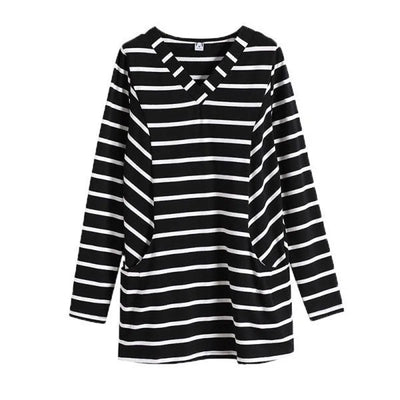 Women's V-Neck Casual All-match Midi Striped Tops Fashion Elegant Long Sleeve Pullovers T-shirt Female Clothing Spring Autumn