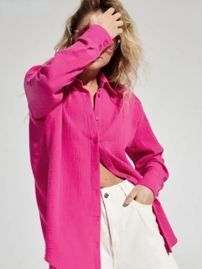 Wolfeel  Women's Spring Summer 100% Cotton Shirts Office Lady  Fashionable Solid Lady Long Sleeve Loose Tops Crepe Shirts