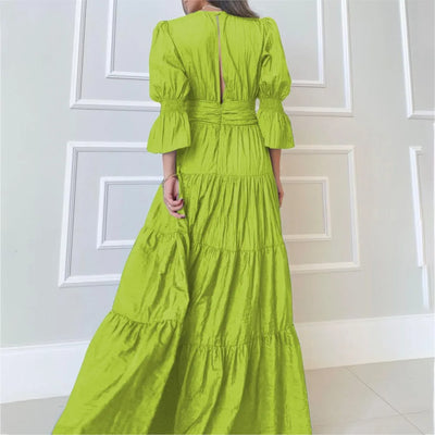 Elegant Ruffle Splicing High Waist And Large Swing Dress For Spring 2025 New Women's Fashion V-neck Long Sleeved Maxi Dress