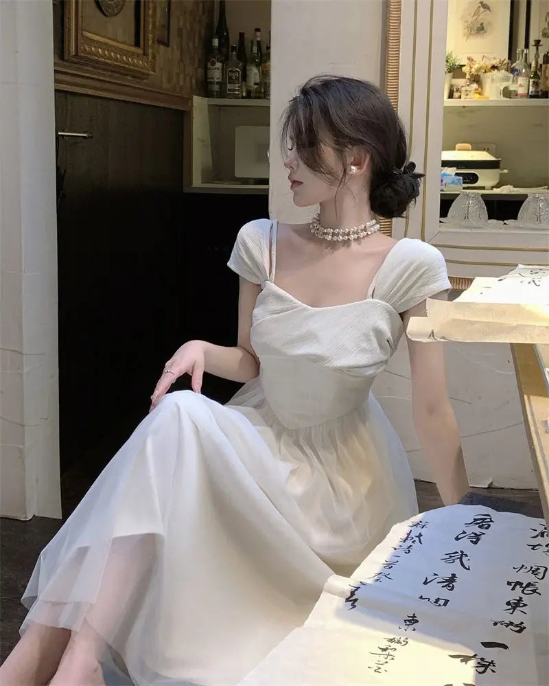 Midi Dress Women Pure Princess Summer Aesthetic Defined Elegant Ladies Gentle Spliced Chic Mesh Partywear French Style Vestidos