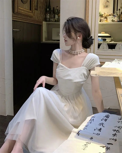 Midi Dress Women Pure Princess Summer Aesthetic Defined Elegant Ladies Gentle Spliced Chic Mesh Partywear French Style Vestidos