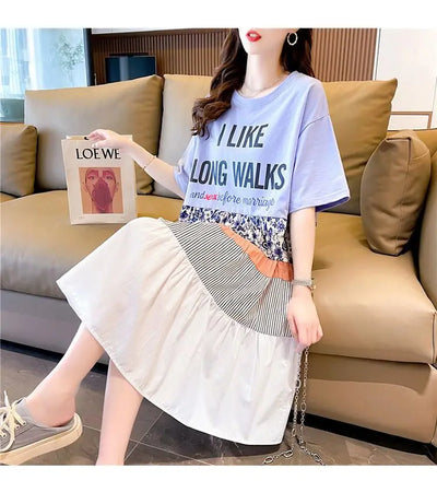 Casual Short Sleeve Letter Dresses Female Clothing Summer Loose A-Line Fashion Printed Patchwork Korean Round Neck Midi Dress