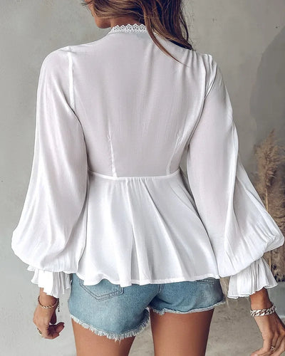 Blouses Women Fashion 2025 Spring Casual Solid Tops Sexy Plunge V-Neck Lace Patch Frill Hem Ruched Lantern Sleeve Top Lady Shirt