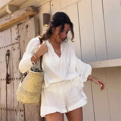 2024 Casual Beach Suits Fashion Summer Cotton Linen Loose Ruffle Shorts Suits Women Long Sleeve Drawstring Pullover 2 Pieces Set