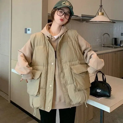 Loose Black Women's Vests Elegant Cold Insulated Youthful Lady Padded Cotton Giletes Working Clothes Fashion 2024 Sleeveless