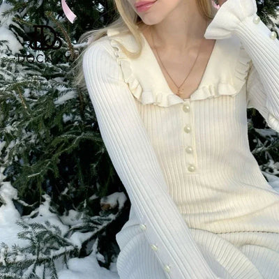 Elegant Party Dresses Woman Mid Length Ruffle Edge Dress with Contrasting Colors Knitted Dress 2024 Autumn Ladies French Dress