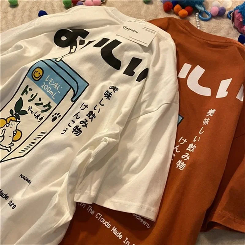 Cotton Loose Retro Short-sleeved T-shirt Women's 2024 Summer New Korean Version Cartoon Print Top