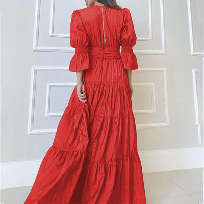 Elegant Ruffle Splicing High Waist And Large Swing Dress For Spring 2025 New Women's Fashion V-neck Long Sleeved Maxi Dress