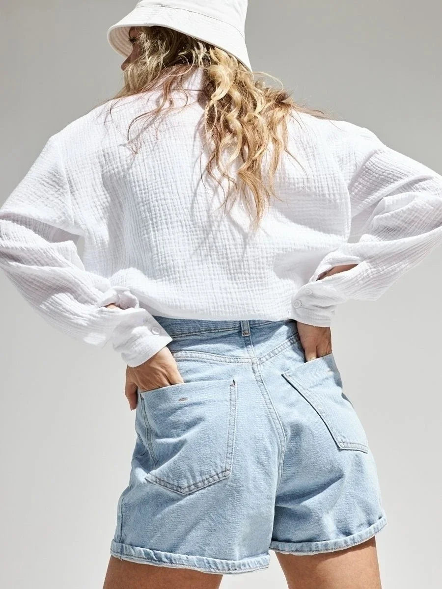Wolfeel  Women's Spring Summer 100% Cotton Shirts Office Lady  Fashionable Solid Lady Long Sleeve Loose Tops Crepe Shirts