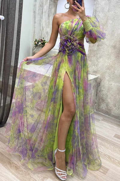 Elegant Formal Party Dress Elegant One Shoulder Tie-dye Ball Gown with Mesh Bubble Sleeves Split Hem Women's Evening Dress