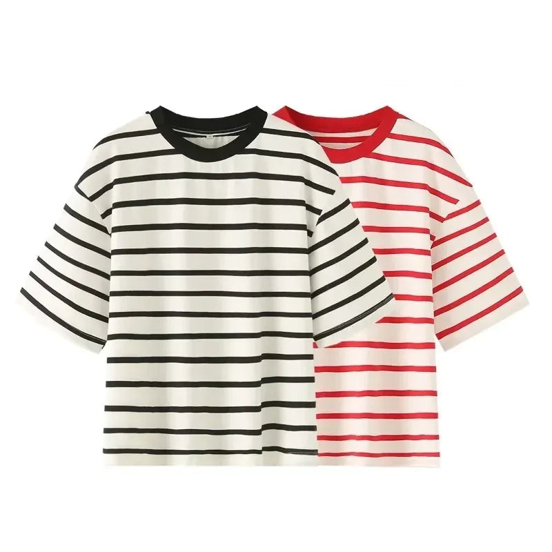 Striped Women's Fashion T-shirts O-neck Short Sleeve Tee Tshirts Blouse Top Cotton Tops for Summer 2024 Harajuku Tshirt