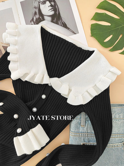 Elegant Ruffled Women Dress Long  Pit Stripe Knit Dresses For Winter Autumn Retro Lapel Pearl Button Fall Fashion Vestidos Robes