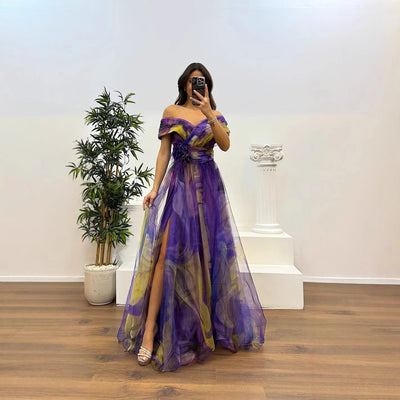 Elegant Formal Party Dress Elegant  Tie-dye Ball Gown with Mesh Bubble Sleeves Split Hem Women's Evening Dress