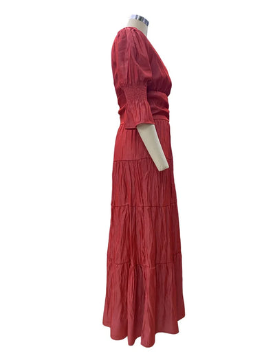 Elegant Ruffle Splicing High Waist And Large Swing Dress For Spring 2025 New Women's Fashion V-neck Long Sleeved Maxi Dress