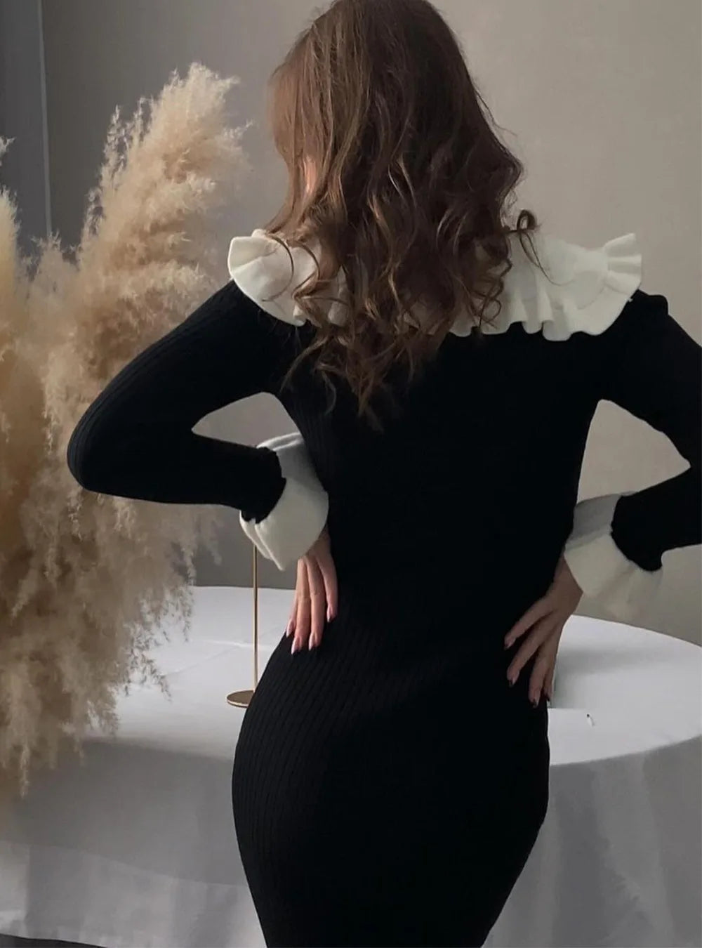 Elegant Party Dresses Woman Mid Length Ruffle Edge Dress with Contrasting Colors Knitted Dress 2024 Autumn Ladies French Dress