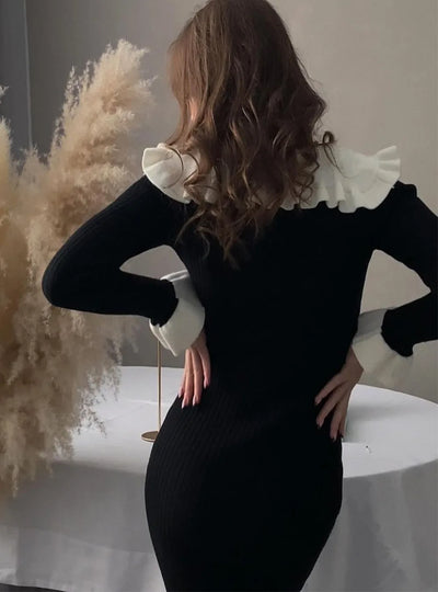 Elegant Party Dresses Woman Mid Length Ruffle Edge Dress with Contrasting Colors Knitted Dress 2024 Autumn Ladies French Dress