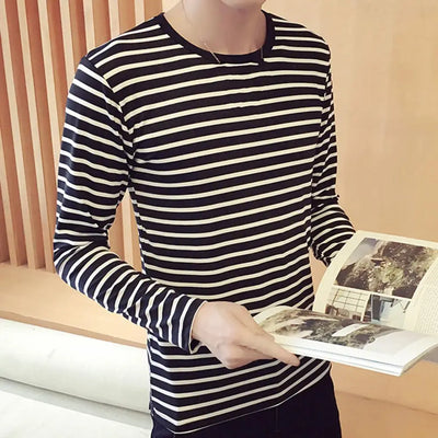 Striped T-shirt Men Long Sleeve Pullover Trendy Black White Striped Tops for Men Harajuku Casual Base Shirt Undershirt