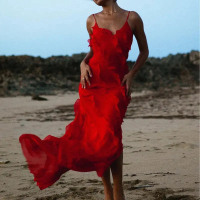 Elegant Stacked Ruffle Split Hem Long Dress Women Sexy Sleeveless Backless Chiffon V Neck Dresses 2024 New Lady Vacation Vestido