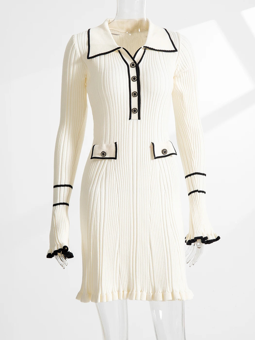 Elegant Ruffled Women Dress Long  Pit Stripe Knit Dresses For Winter Autumn Retro Lapel Pearl Button Fall Fashion Vestidos Robes