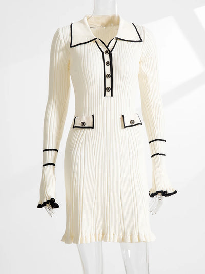 Elegant Ruffled Women Dress Long  Pit Stripe Knit Dresses For Winter Autumn Retro Lapel Pearl Button Fall Fashion Vestidos Robes