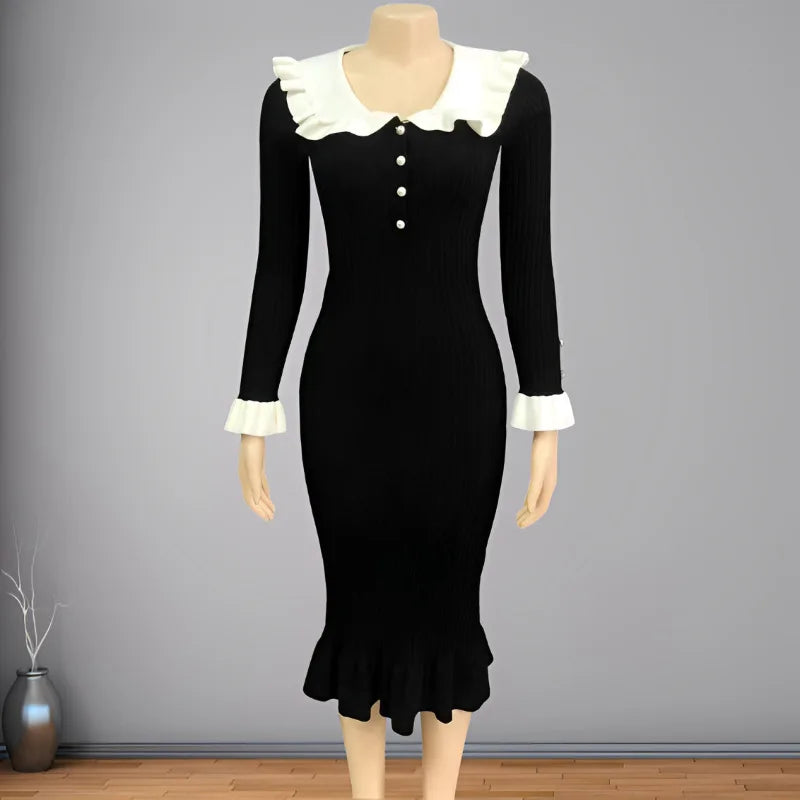 Elegant Party Dresses Woman Mid Length Ruffle Edge Dress with Contrasting Colors Knitted Dress 2024 Autumn Ladies French Dress