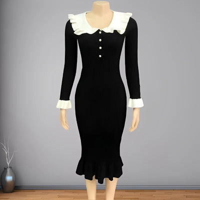 Elegant Party Dresses Woman Mid Length Ruffle Edge Dress with Contrasting Colors Knitted Dress 2024 Autumn Ladies French Dress