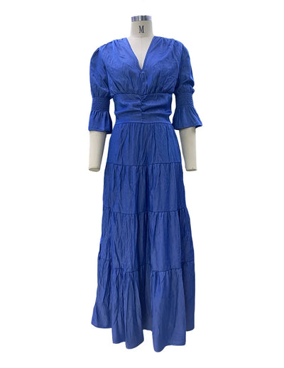 Elegant Ruffle Splicing High Waist And Large Swing Dress For Spring 2025 New Women's Fashion V-neck Long Sleeved Maxi Dress