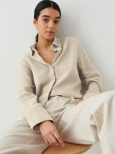 Wolfeel  Women's Spring Summer 100% Cotton Shirts Office Lady  Fashionable Solid Lady Long Sleeve Loose Tops Crepe Shirts