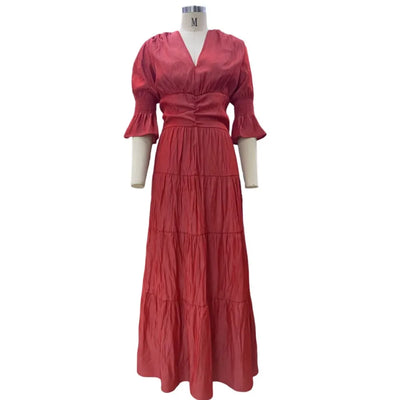 Elegant Ruffle Splicing High Waist And Large Swing Dress For Spring 2025 New Women's Fashion V-neck Long Sleeved Maxi Dress